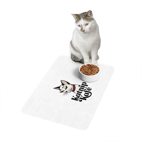 Cat-Themed Pet Food Mat - 'Katnip Kafé' Design, 12x18